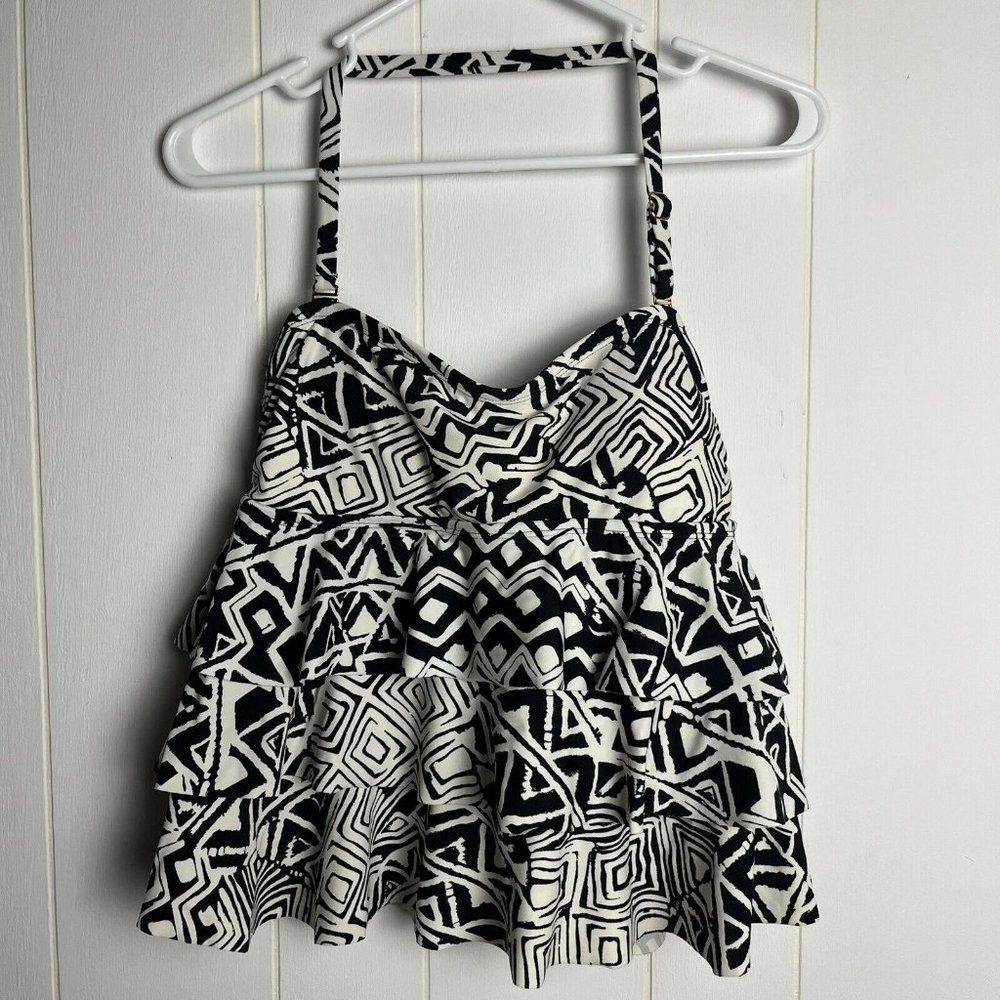 Island Escape Women Tankini Top 10 Geometric Tiered Halter Swim Black White